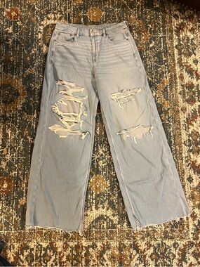 American Eagle Outfitters Light Blue Distressed Wide-Leg Jeans